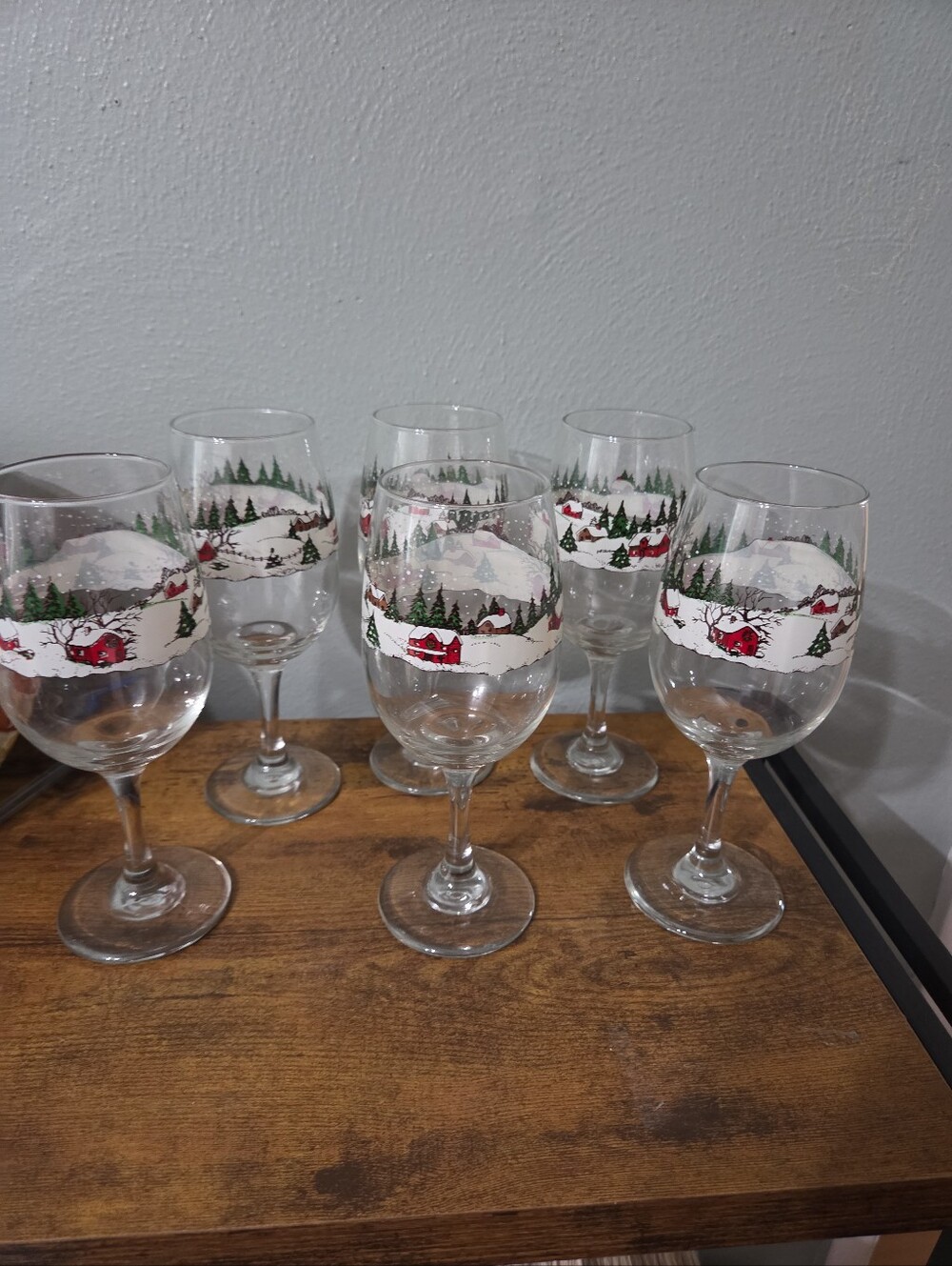 Vintage Libbey "Winter Village" Red Cabin Snow Christmas Goblets. Lot Of 6.